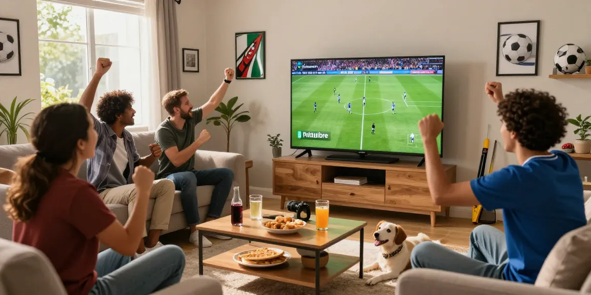 Football fans enjoying a live match on Pelotalibre in a cozy home setting, celebrating with snacks and drinks.