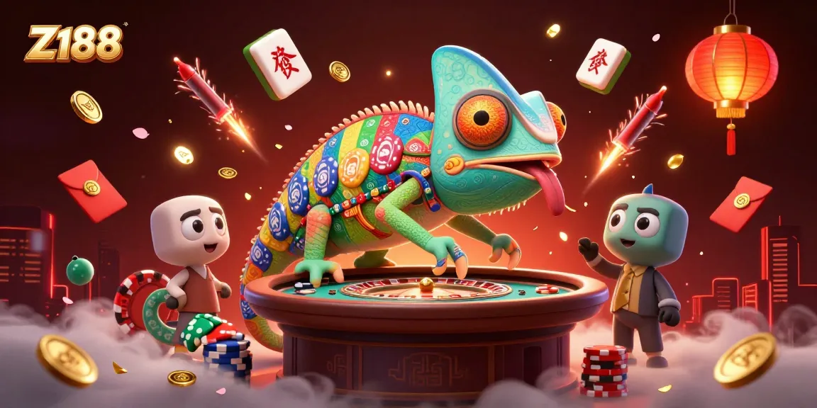Z188 offers an exciting experience with a vibrant chameleon casino owner capturing bright casino elements.