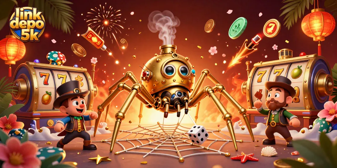Spin to win with link depo 5k in a vibrant 3D casino scene featuring steampunk elements and gaming symbols.
