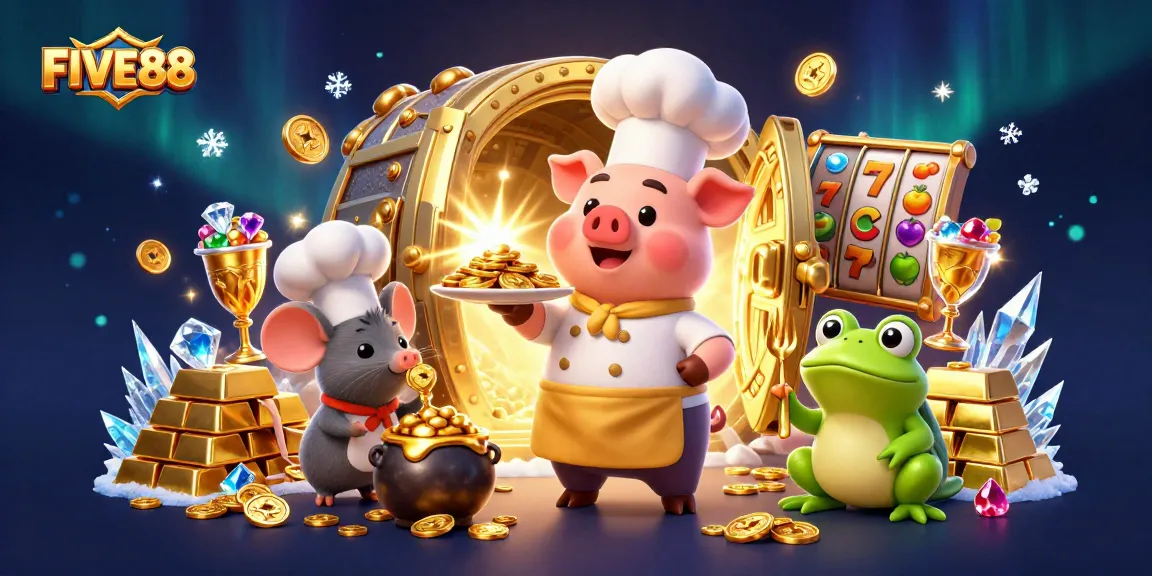 Experience the excitement of winning with FIVE88's 3D cartoon casino scene filled with gold and joy.