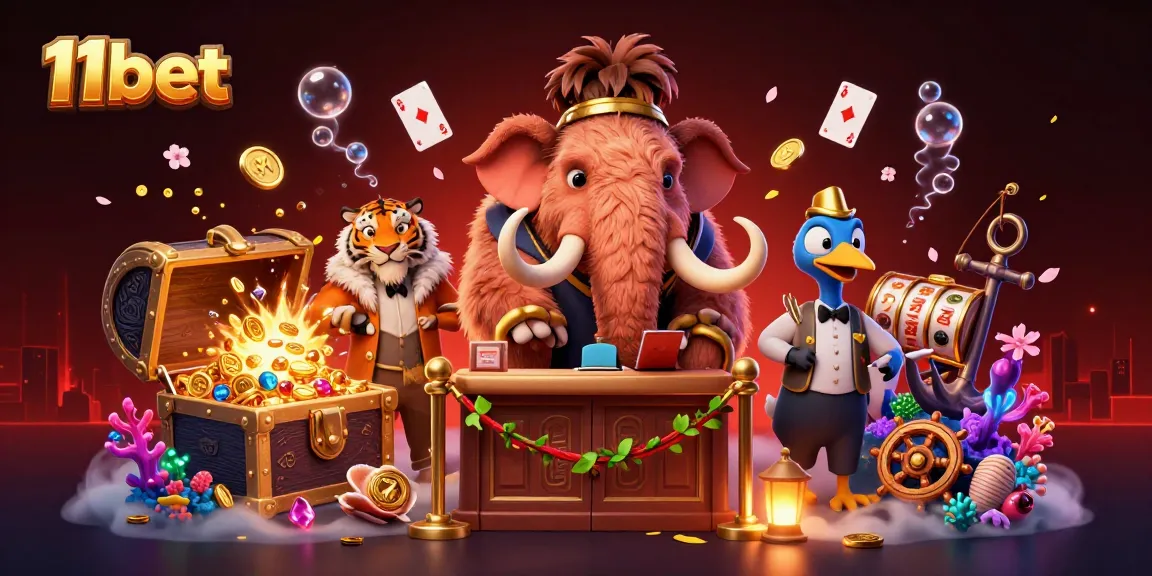 Engage with the vibrant scene at 11bet, featuring a woolly mammoth bouncer overseeing a treasure-filled casino atmosphere.