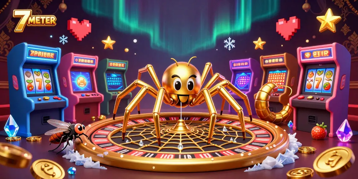 Engage with 7METER's vibrant casino scene featuring a golden web roulette and animated characters.