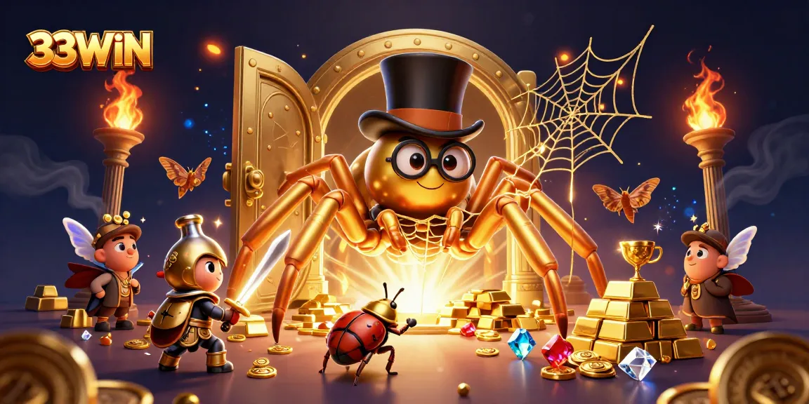 Experience the thrill of 33WIN as the golden tarantula weaves a web of riches in this captivating casino illustration.